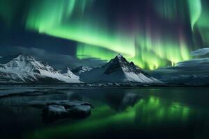 aurora Borealis nel Islanda con neve coperto montagne e riflessione ai generato foto