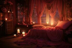 romantico camera interno con rosa le tende e rosso cuori. San Valentino giorno concetto. ai generato foto