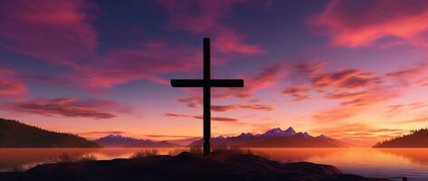 concetto o concettuale legna attraversare o religione simbolo forma al di sopra di un' tramonto cielo sfondo bandiera ai generato foto