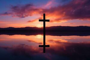 concetto o concettuale legna attraversare o religione simbolo forma al di sopra di un' tramonto cielo sfondo bandiera ai generato foto