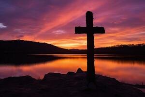 concetto o concettuale legna attraversare o religione simbolo forma al di sopra di un' tramonto cielo sfondo bandiera ai generato foto