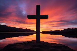 concetto o concettuale legna attraversare o religione simbolo forma al di sopra di un' tramonto cielo sfondo bandiera ai generato foto