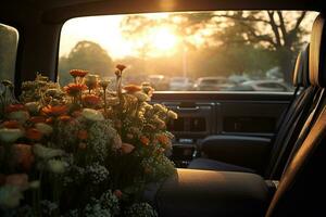 bellissimo fiori nel un' auto a tramonto. concetto di funerale. ai generato foto