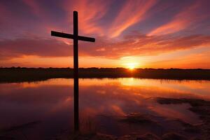 concetto o concettuale legna attraversare o religione simbolo forma al di sopra di un' tramonto cielo sfondo bandiera ai generato foto