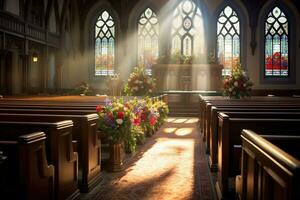 interno di un' Chiesa con un' lotto di fiori nel il primo piano.funerale concetto ai generato foto