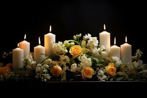bellissimo fiori e candele su nero sfondo.funerale concetto ai generato foto