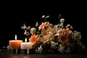 bellissimo fiori e candele su nero sfondo.funerale concetto ai generato foto