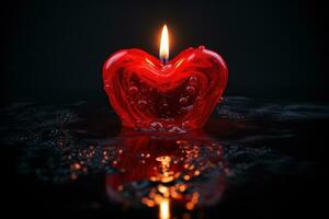 rosso cuore sagomato candela su nero sfondo. San Valentino giorno concetto. ai generato foto