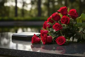 rosso Rose su nero granito lapide nel il parco, funerale concetto ai generato foto