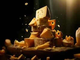 cinematico foto di formaggio su un' buio sfondo. alta risoluzione. ai generativo