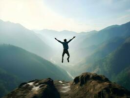 indietro Visualizza foto di salto contento uomo nel montagne sfondo. alta risoluzione. ai generativo