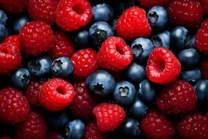 rosso e blu frutti di bosco. mirtillo e lampone sfondo. alta risoluzione. ai generativo foto