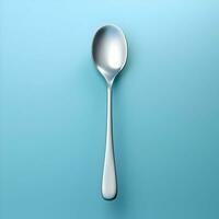 metallico cucchiaio su blu sfondo minimalismo. alta risoluzione. ai generativo foto