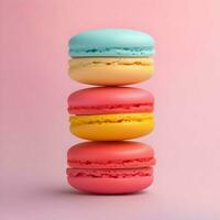 macarons impilati su superiore di ogni altro minimalismo luminosa colori su rosa sfondo. alta risoluzione. ai generativo foto