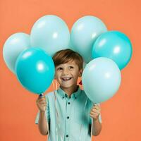 un' contento 7 anni ragazzo detiene colorato elio palloncini con minimalismo su un' arancia sfondo. alta risoluzione. ai generativo foto
