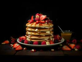 Pancakes con sciroppo e frutti di bosco su buio sfondo. alto qualità. ai generativo foto