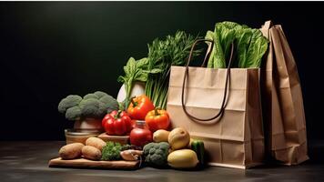 un' carta Borsa pieno con fresco frutta e verdure generato con ai foto