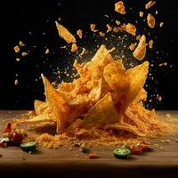 un' mucchio di nachos con patatine fritte caduta in il aria generato con ai foto