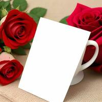 ai generato generativo ai fantasia su il tema San Valentino giorno sfondo. regalo, caffè, Rose, cuori disposte per un' vacanza carta. San Valentino giorno concetto. foto