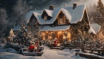 ai generativo Natale decorazione con ardente candele, Pan di zenzero Casa, Natale albero e bokeh sfondo. foto