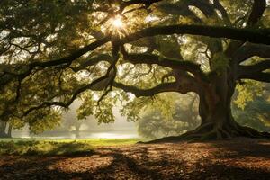 vecchio quercia albero fogliame nel mattina luce, maestoso natura fotografia. ai generativo foto