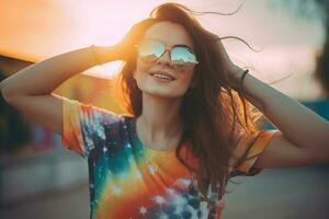 allegro donna indossare alla moda arcobaleno colorato maglietta. creare ai foto