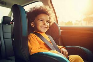 bambino contento Sorridi nel auto posto a sedere. creare ai foto