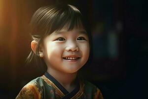 sorridente Cinese poco ragazza indossare tradizionale kimono. creare ai foto