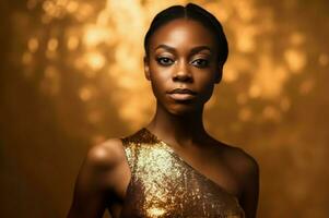 africano americano donna oro scintillante foto ritratto. creare ai