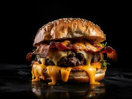 hamburger al formaggio con Bacon e formaggio su un' nero sfondo - ai generato foto