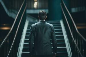 indietro Visualizza di un' giovane uomo d'affari in piedi su il le scale nel un ufficio costruzione. ai generato foto