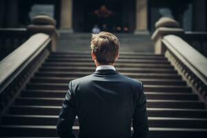 indietro Visualizza di un' giovane uomo d'affari a piedi su scale. ai generato foto