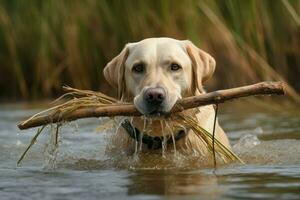 labrador giocando con di legno bastone nel acqua. creare ai foto