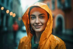 contento positivo donna con giallo pioggia cappuccio. creare ai foto