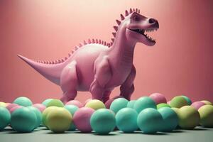 rosa dinosauro giocando con colorato pastello palle. creare ai foto