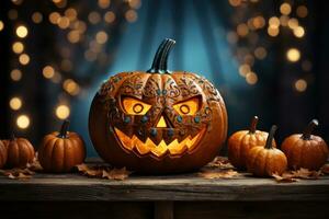 uno pauroso Halloween zucca Jack o'lantern Là erano il male facce e occhi su il di legno panca. tavolo con nebbioso sfondo con spazio per prodotti di generativo ai. foto