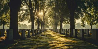 un' cimitero per il morto con righe di sacro lapidi. ogni cartello racconta un' storia. il concetto di il eredità di quelli perso nel guerra di generativo ai. foto