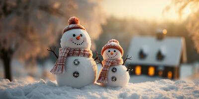 un' carino sorridente pupazzo di neve nel il maggiore di il neve con un' sfondo. bokeh un' Natale albero e Casa il montagna. è un' sfocato sfondo. generativo ai foto