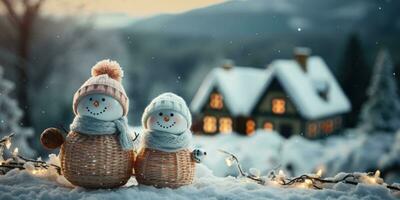 un' carino sorridente pupazzo di neve nel il maggiore di il neve con un' sfondo. bokeh un' Natale albero e Casa il montagna. è un' sfocato sfondo. generativo ai foto