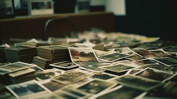 un' tavolo pieno di fotografia collezione Stampa. documentazione Dipartimento. ai generato foto