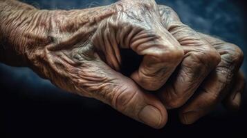 un vecchio persone mani Guarda rugoso, pieno dettaglio. ai generato foto