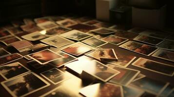 un' tavolo pieno di fotografia collezione Stampa. catturare memoria Stampa. ai generato foto