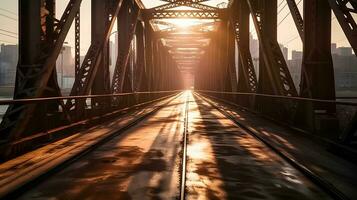 un vuoto acciaio ponte strada con tramonto avanti il città. ai generato. foto