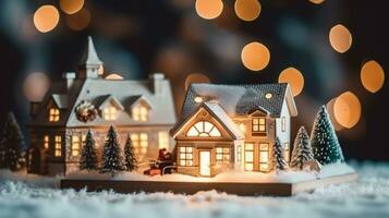 miniatura di un' città come un' Natale ornamento con pieno di neve e luci. ai generato. foto