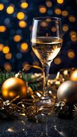 allegro Natale e contento nuovo anno saluto, invito carta concetto per modello, manifesto, vacanza design con bellissimo vino Champagne e luccichio di stagione ornamento inverno stagione. ai generato. foto