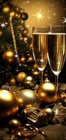 allegro Natale e contento nuovo anno saluto, invito carta concetto per modello, manifesto, vacanza design con bellissimo vino Champagne e luccichio di stagione ornamento inverno stagione. ai generato. foto