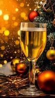 allegro Natale e contento nuovo anno saluto, invito carta concetto per modello, manifesto, vacanza design con bellissimo vino Champagne e luccichio di stagione ornamento inverno stagione. ai generato. foto