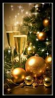 allegro Natale e contento nuovo anno saluto, invito carta concetto per modello, manifesto, vacanza design con bellissimo vino Champagne e luccichio di stagione ornamento inverno stagione. ai generato. foto