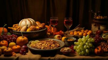 ringraziamento e il raccogliere festa giorno, un' giorno di dando Grazie per il benedizioni di il raccogliere e di il precedente anno. un' tavolo pieno di cibo, verdura e frutta. ai generato. foto