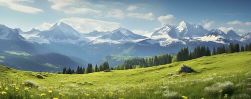 idilliaco montagna paesaggio nel il Alpi con fioritura prati nel primavera, mattina luce, copia spazio, generativo ai foto